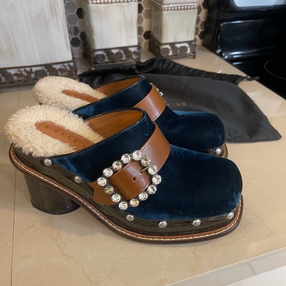 Coach Shoes - Coach Navy Velvet and Chestnut Leather Shearling Clog Mules with Crystal Buckle